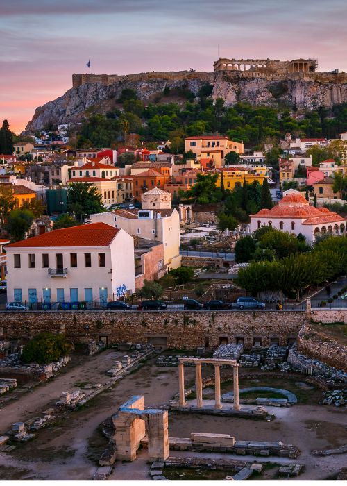 A neighborhood in Athens with ancient sights around it.